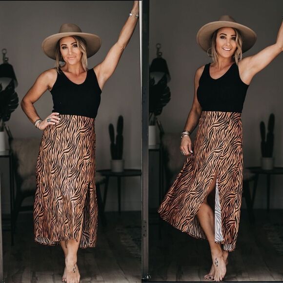 Leopard pencil midi skirt holiday tan black S M L Business causal party